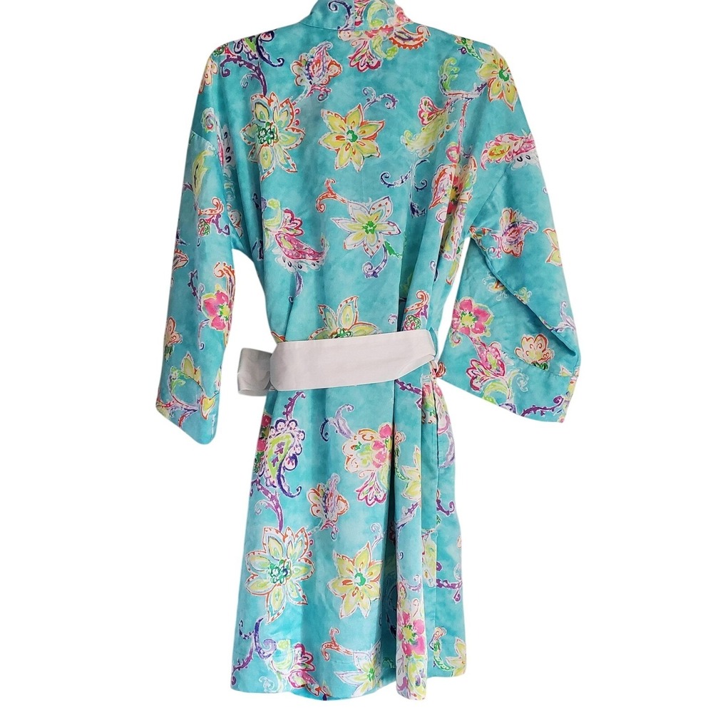 Lauren Ralph Lauren Robe Womens Medium Blue Floral Paisley Belted Kimono Pocket - Picture 7 of 9